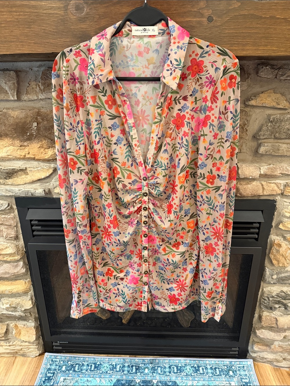 Natural Life Floral Button-Front Long Sleeve Top - Pink Multicolor